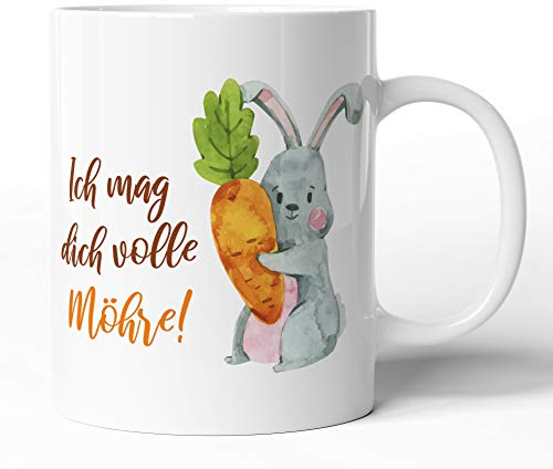 tassenprinter Oster-Tasse - süße Häschentasse - Geschenk-Idee zum Geburtstag, Jahrestag, Ostern, Valentinstag - Spruchtasse Hase/Kaninchen/Häschen/Hasi (weiß, Ich mag dich volle Möhre!)