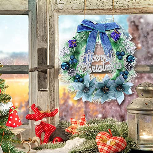 Warmiehomy Weihnachtskranz Türkranz 30cm,Weihnachtskranz Künstlich Wandkranz Weihnachten mit Schleife & Kugeln & Blumen für Tür Fenster Kamin Weihnachtsdeko Blau