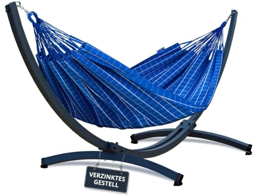 Potenza Outdoor Hängematte mit Tytan Gestell für 2 Personen I Baumwolle Catargo Doppelhängematte 220x160, 220kg I Hängemattengestell 350kg, wetterfest (Verzinktes Gestell Graphit, Blau)