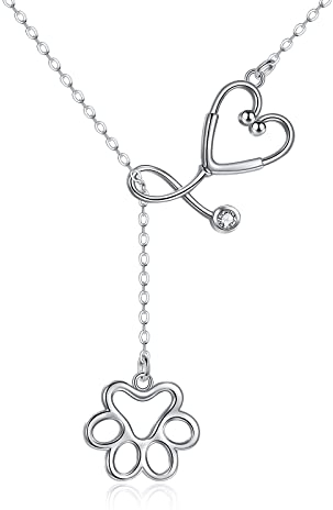 YFN Tierarzt Geschenke 925 Sterling Silber Pfote drucken Stethoskop Lariat Y Halskette Tierarzt Student Graduierung Schmuck
