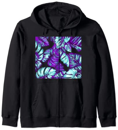 Feuilles tropicales de bananier et Monstera violettes Sweat à Capuche