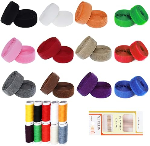 Klettband Zum Nähen, 12 Farben Aufnähen Flauschband und Hakenband, Klettverschluss Zum Nähen mit Nähset für Stoff, DIY Handwerk ( 20 mm x 1 meter)