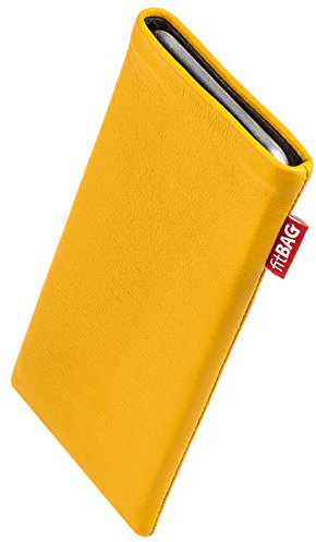 fitBAG Beat Giallo per Apple iPhone 16e / iPhone 14 / iPhone 14 Pro Custodia per cellulare pelle nappa con imbottitura in microfibra | Accessorio con funzione di pulizia | Made in Germany