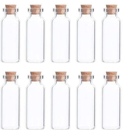 SKYPRO Lot de 10 mini bouteilles en verre avec couvercles en liège, 22 x 65 mm et 15 ml, petites fioles décoratives pour loisirs créatifs, fête, mariage, décoration, accessoires de rangement