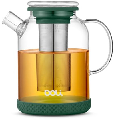 Doli 1,5L Teekanne Glas mit Siebeinsatz Forest - Langes Edelstahl Sieb für pures Aroma - für heiße & kalte Getränke - Spülmaschinenfest - BPA-frei
