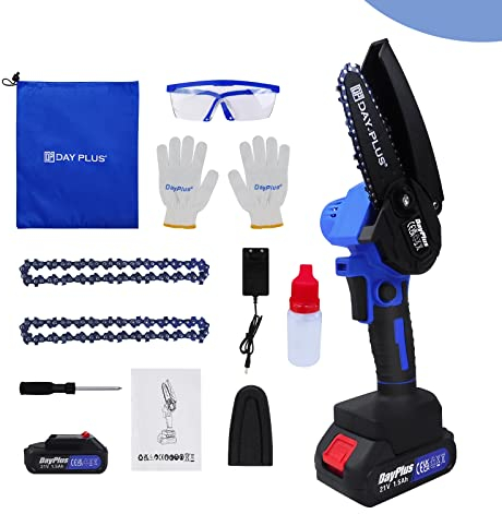 Mini-Kettensäge mit Akku, 4-Zoll Kleine Kettensäge Elektrokettensäge, Akku Einhand Kettensägem Elektro Kettensäge mit 1 Batterien und 2 Kette, Tragbare Handkettensäge für Gartenscheren/Astschere/Holz