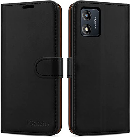 iCatchy for Motorola Moto E13 Case Leather Wallet Book Flip Folio Stand View Cover with Card Slots and Kickstand for Motorola Moto E13 Phone Cover (Black)