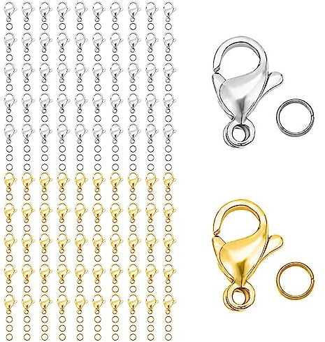 IKadiya Chiusura A Catena100 Pezzi + 120 Pezzi Anellini Aperti, Gancio Portachiavi, Chiusura A Moschettone, per Portachiavi Fai da Te per Bigiotteria(Oro/Argento)