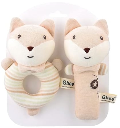 Anguxer 2 Stück Baby Rasseln Spielzeug, Cartoon Tier Rassel mit Klingel Glocke, Greifling zum Rasseln aus Bio-Baumwolle, Babyspielzeug 0+ Monate (Fuchs)