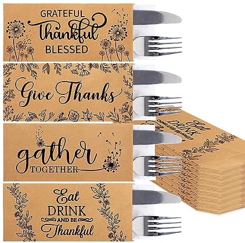 Whaline 100 Pack Fall Thanksgiving Silverware Bags Rustic Farmhouse Design Kraft Paper Cutlery Bags Autumn Utensil Holders Reusable for Thanksgiving Table Decoration Autumn Fall Harvest Party Supplies