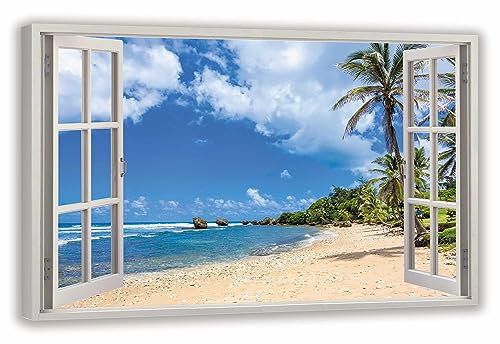 HUBDECO Leinwandbild Fensterblick Palme Bild 120x80 cm - Landschaftsbilder auf Leinwand - Wandbilder Wohnzimmer - Bild Fenster mit Ausblick - Aesthetic Room Decor - Wanddeko Schlafzimmer