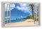 HUBDECO Leinwandbild Fensterblick Palme Bild 120x80 cm - Landschaftsbilder auf Leinwand - Wandbilder Wohnzimmer - Bild Fenster mit Ausblick - Aesthetic Room Decor - Wanddeko Schlafzimmer