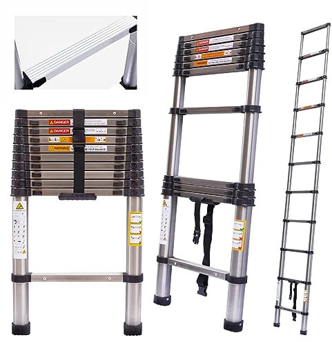 Folding Telescopic Ladder 3.2m 10.5FT Solid Portable Extension Loft Ladder with Double Lock Catch for RV, Attic, Home and Outdoor Work, Max Load 150kg