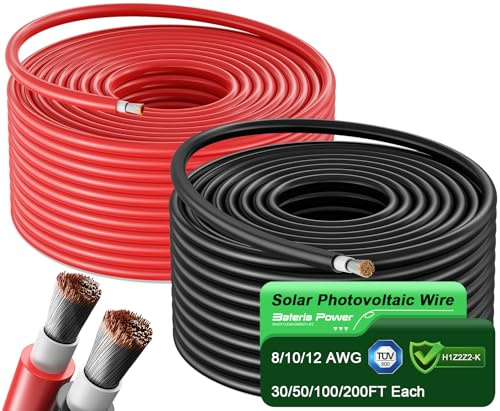 Bateria Power Cable de panel solar de 100 pies negro y rojo de 100 pies, cable de extensión solar de 10 AWG (6 mm²), alambre de cobre estañado para exteriores, automóvil, caravana, barco, panel solar