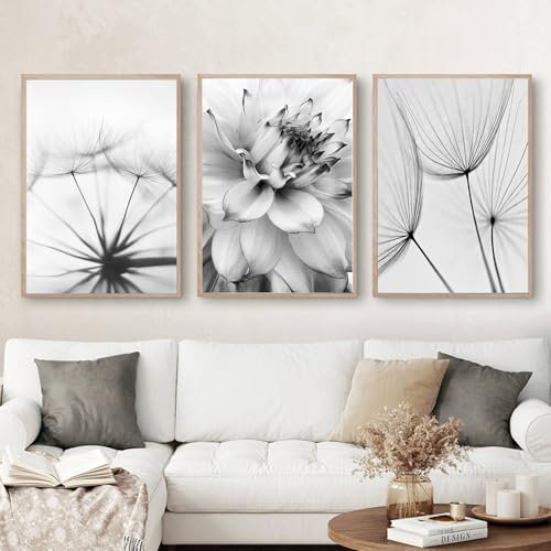 WMLBK 3er Poster Set Schwarz Weiß Poster Aesthetic Wandbilder Wohnzimmer Modern Bilder Leinwandbilder Löwenzahn Blumen Wandbilder Kunstplakat Wanddeko - ohne Rahmen (40x60cm, B)