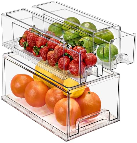 Sorbus Fridge Drawers - Clear Stackable Pull Out Refrigerator Organizer Bins - Food Storage Containers for Kitchen, Freezer, Vanity & Fridge (3 Pack | 1 Large, 2 Small Stackable Drawer Bins)