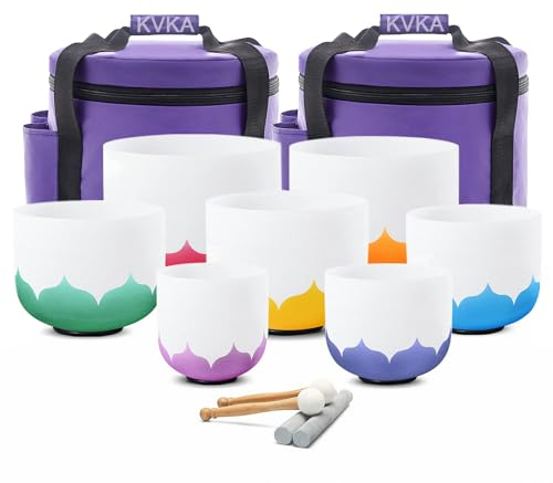 KVKA Crystal Singing Bowls, 432HZ Set of 7 PCS Frosted Quartz 6-12 Inch Sound Bowls for Therapy Meditation Healing with Travel Carry Case Bag —— Lotus Design