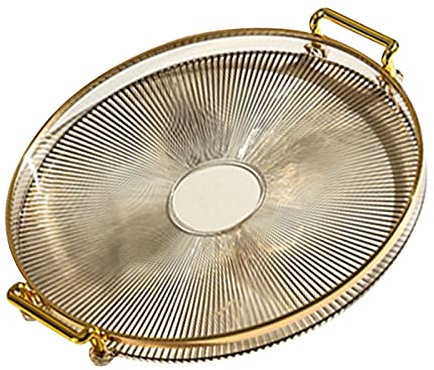 Round Serving Tray with Handles, Multipurpose Transparent Plate with Stripes for Bread Fruit Dessert Snack Kitchen Bathroom (Amber Gold)