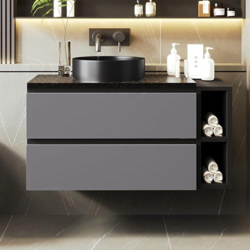 KOMHTOM Moderno mobiletto bagno con cassetti nero Mobiletto bagno con lavabo, lavandino bagno con mobiletto