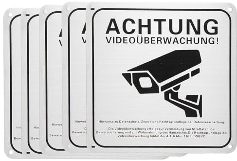5 Stück Videoüberwachung Schild, 15x15cm Mit DSGVO Hinweis - Aluminium Kamera Überwachung, Selbstklebend Und Für Außen
