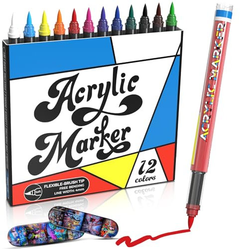 Mockredn Creative Marker Acrylic Paint Pens 12 Assorted Colours, Brush Tip No Bleed Water-Based Ink Paint Markers Writes on Most Surfaces for School & Revision Supplies