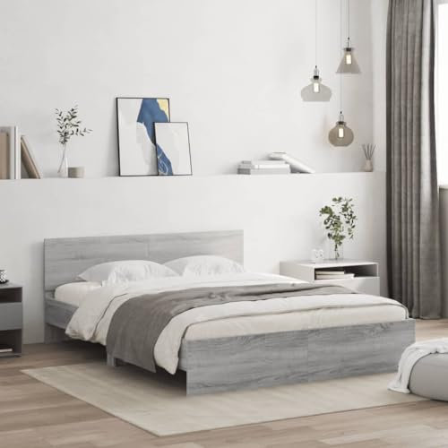 Iiaky Bettgestell mit Kopfteil Bettgestell Bettrahmen Bed Frame Bettgestell Mit Kopfteil Bett Grau Sonoma 140x200 cm