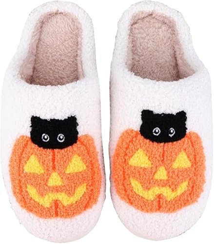FIENZA Halloween Hausschuhe Damen Baumwolle Warme Drinnen Pantoffeln Plüsch Funny Print Damen Herren Weicher Plüsch Retro Hausschuhe Warme Pantoffeln Trendiger Slipper drinnen und draußen