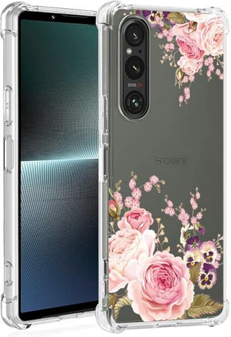 Yerebel Funda Protectora para Xperia 1 V, Funda para Sony 1V XQDQ62, Diseño Bonito Funda Transparente de Goma TPU Flexible Silicona para Sony Xperia 1 V Flores de Rosa