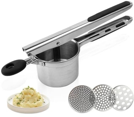 LoveFirst Kartoffelpresse Edelstahl Kartoffelstampfer mit 3 Austauschbare Sieb Spülmaschinenfest, Rutschfestem Silikongriff Für Kartoffelpüree, Fruchtpürees, Entsaften, Gemüsepürees und Babynahrung