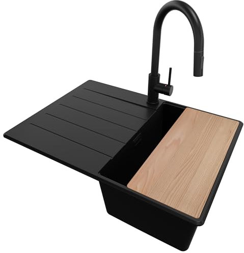 PRIMAGRAN Fregadero Granito Todo Negro 70x50cm, Cocina 1 Seno + Grifo 40x20cm + Sifón + Tabla de cortar, Sobre encimera al mueble 40cm - Copenhague