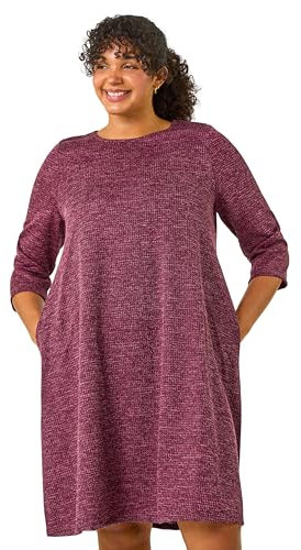Roman Originals Women Long Sleeve Swing Dress - Ladies Autumn Winter Smart Casual Everyday Checkered Print Round Neck Stretch Comfortable Jersey Dresses - Wine Plus - Size 22