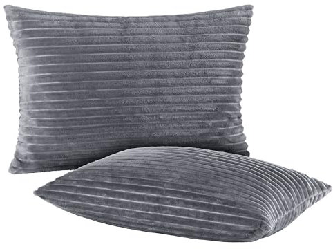 BaSaTex Winter Plüsch Kissenbezüge Kissenhüllen | 2er Pack 40x60 cm | Cashmere-Touch Coral Fleece,Rip-Cord“ | Sofakissen Couchkissen Zierkissenbezug | Reißverschluss | Anthrazit