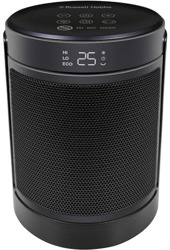 Russell Hobbs Space Heater in Black & Silver 1500W Portable Oscillating Ceramic Round Electric Heater, Low Energy Digital Display, 4 Modes, 24hr Auto Timer, Overheat Protection, RHCH2002S