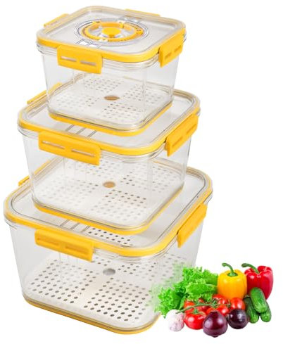 Dokeno 3 Recipientes Herméticos para Alimentos, PET, Caja de Conservación de Alimentos Frescos con Tapa Datada, Conservación de Pan, Frutas, Verduras y Carne