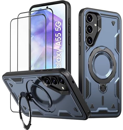 KANSi Cover per Samsung Galaxy A55 / A55 5G con Vetro Temperato*2, Custodia Protettiva per Smartphone con Anello Rotante - Antiurto Bumper Blu