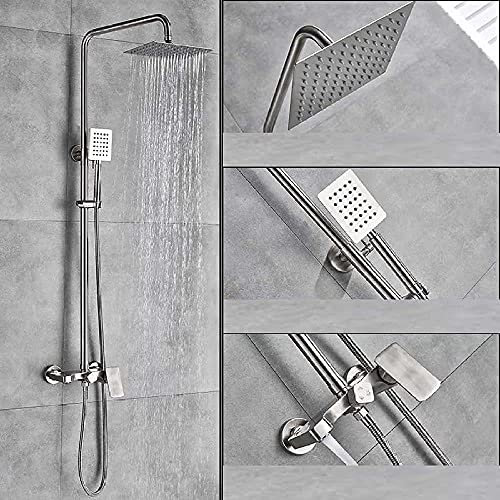 Système de douche Ensemble de mélangeur de douche en nickel brossé Kit de douche de bain mural Pommeau de douche à effet pluie Étagère de rangement Robinet mélangeur à 3 voies en laiton, robinet de d