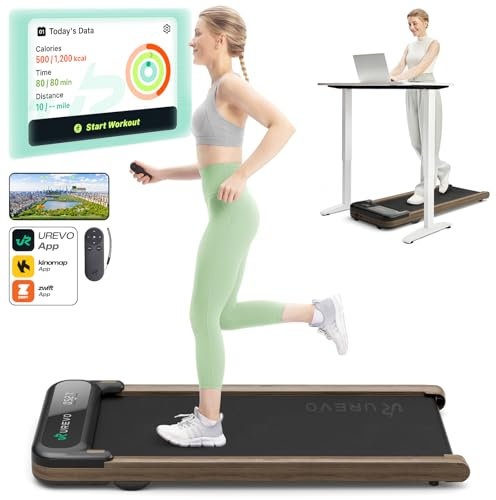 UREVO Wooden Walking Pad with SmartCoach APP, Under Desk Treadmill for Office, Portable Treadmills for Home, Walking Jogging Machine 1-6 km/h with Remote Control, Classic Wooden Aesthetic