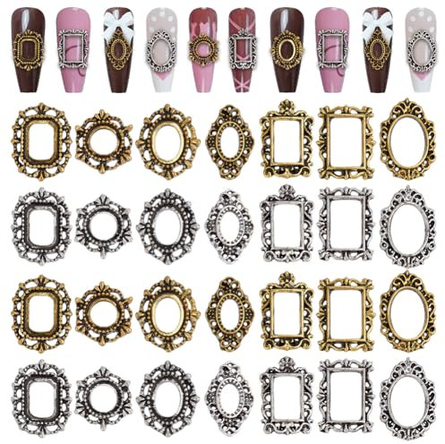 OLYCRAFT 100 Pcs 14 Styles Rectangle 3D Metal Nail Charms Oval Frame Gothic Nail Art Charms Flat Back Nail Studs Retro Gold Silver Nail Jewels Art Decoration Vintage Punk Nail Accessories