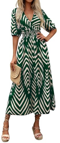 Sommerkleid Damen Lang Elegant Maxikleider Damen Sommer V Ausschnitt Tailliertes Kleider mit Ärmel A Linie Strandkleid Leicht Und Luftig Schickes Kleid Frauen Curvy Kurzarm Damenkleider