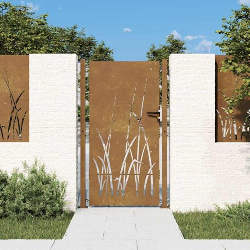 Refined Gartentür mit Gras-Design, Abschließbar Hoftor Eingangstor für Garten Terrasse, Tor Zauntor Gartenpforte Gartentor 105x205 cm Cortenstahl Gras-Design