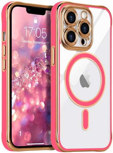 LCHULLE Magnetica Cover per iPhone 13 Pro Trasparente,Rosa rossa | Compatibile con Magsafe, Protezione della Fotocamera, Cover Antiurto Protettiva, Custodia in Silicone Elettroplaccata