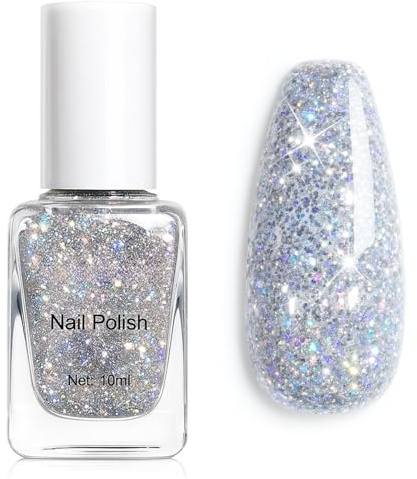 Silver Glitter Nail Polish - Shiny Silver Glitter Varnish, Quick Dry Sparkle Nail Paint,Flash Holographic Long-Lasting Shimmer silver Nail Varnish for Party & Glam Manicure