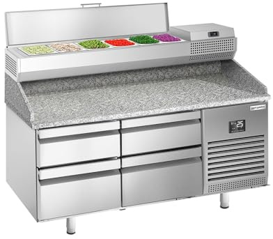 GGM Gastro | POI157S2313#AEI153 | Pizzakühltisch Premium PLUS - 1490x700mm - mit 4 Schubladen - inkl. Kühlaufsatzvitrine - 6x GN 1/4