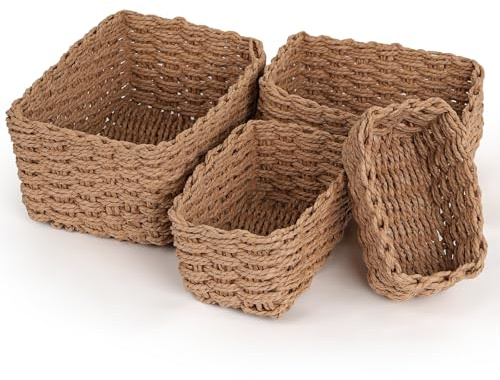 Purecas Woven Storage Baskets 4-Piece Set Stackable (4 Sizes Brown) | Paper Rope Baskets Boho Decor Organiser Box for Nursery Changing Table Living Room Kitchen Bathroom