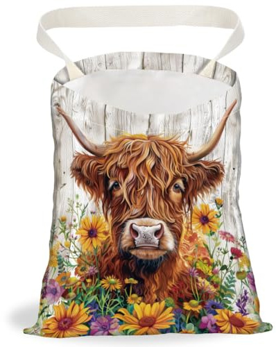 DELORIGIN Highland Cattle Car Trash Bag Flowers Hanging Garbage Bag with Snap Buttons Car Bin Back Seat Trash Storage Portable Waterproof Dustbin for Vehicle Accessories Travel Camping Home Kitchen