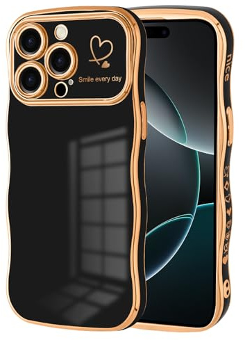 Jrkvniv Coque Compatible avec iPhone 12 Pro Max, Mignon Motif Coeur Housse Portable Forme Ondulée Bouclée avec Ultra Fine Protection de Caméra Galvanisé Coque pour iPhone 12 Pro Max, Noir