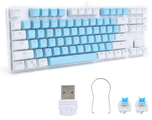BAFOVY 87-Tasten-Computertastatur, Gemischte Leichte Mechanische Tastatur mit Kabelanschluss und Ergonomischem Design für Spiele und Bürogebrauch K100 (Blau und weiß)