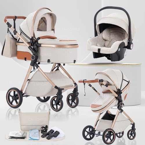 Lnhcrbs Kinderwagen 3 in 1 für Neugeborene, Reisesystem-Korb ist faltbar | Babywagen-Griff ist verstellbar, die Räder sind aus PU-Material, geeignet von Geburt bis 3 Jahre,Beige
