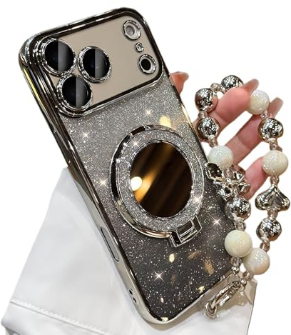 Sparkling Diamond Women's Phone Case with Mirror & Stand for iPhone 12/13/14/15/16/17 Pro Max, 17air, Bling Rhinestone Luxury Case with Pearl Lanyard for Women (12 Pro Max,Gray)