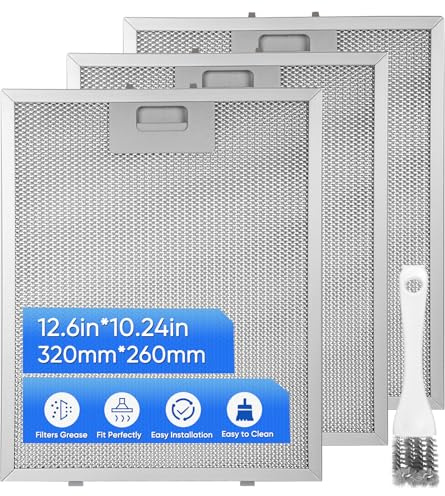 3 Pack Cooker Hood Filter Replacement 260x320mm with Steel Wire Brush, 5-Layer Aluminium Mesh, Easy to Install and Washable Kitchen Extractor Fan Vent Metal Grease Filter, 9mm Thick
